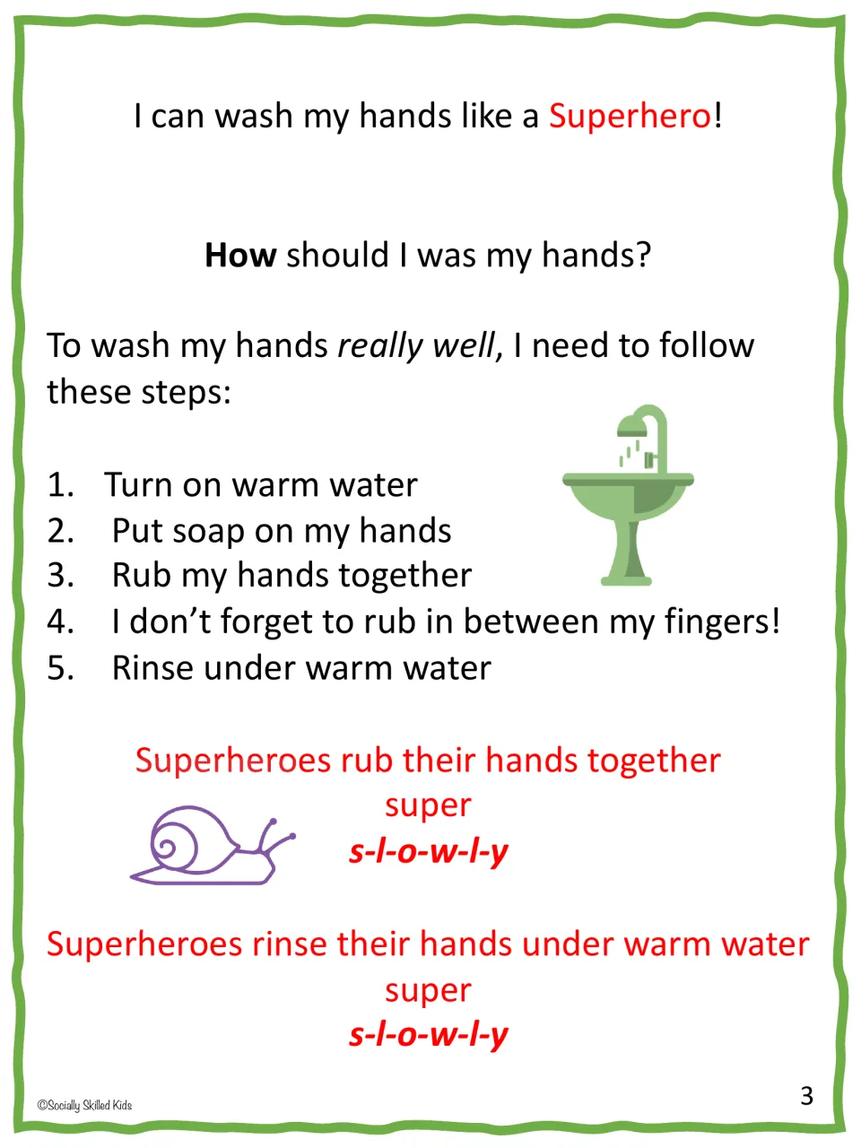 Story page 3 lists five handwashing steps using warm water and soap, rubbing between fingers, and rinsing