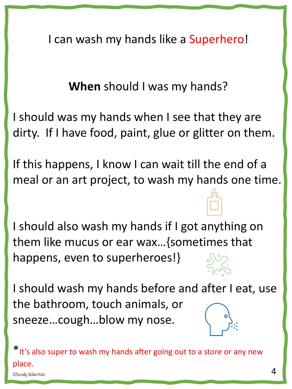 Story page 4 explains when to wash hands, including dirty hands, meals, bathroom use, and touching animals