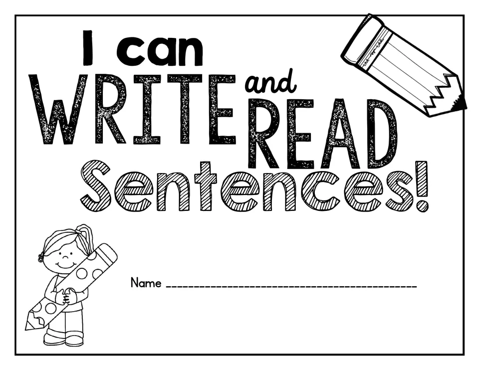 Cover titled "I can Write and Read Sentences!" with a name line and a child hugging a giant pencil