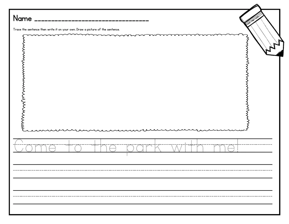 Sentence tracing: students trace "Come to the park with me!", write it on their own, then draw a picture of it