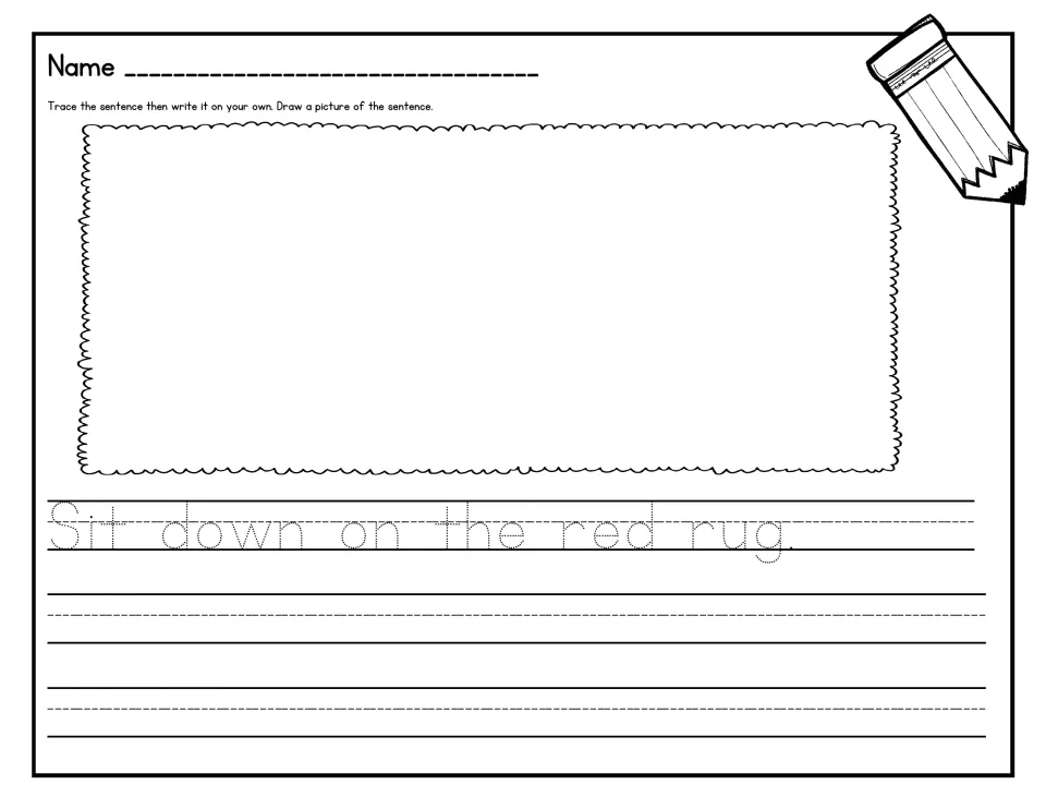 Sentence tracing: students trace "Sit down on the red rug.", write it independently and illustrate the sentence