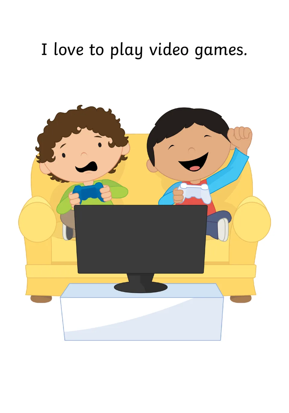 Story opener: two children on a yellow couch play video games at a TV, with the line “I love to play video games.”