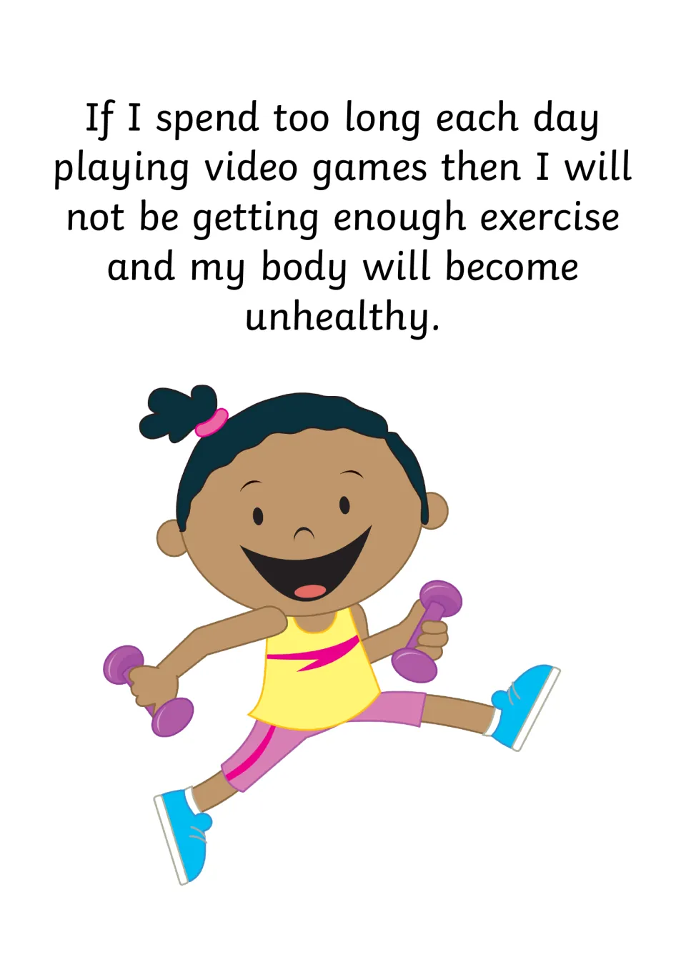 Exercise and health: a girl jumping with purple dumbbells, beside text saying too much gaming means too little exercise