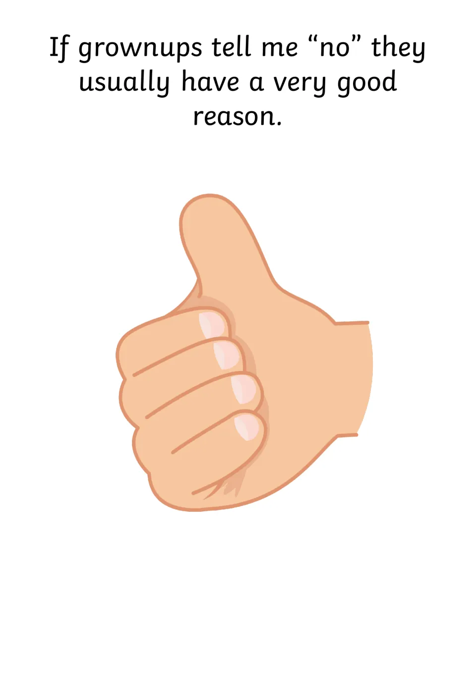 Social story page explaining grownups who say “no” usually have a very good reason, illustrated with a thumbs-up hand