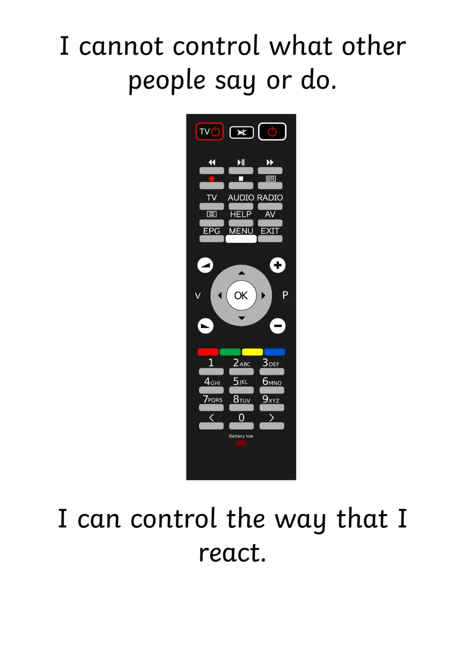 Social story page: I can't change what others say or do, but I can choose how I respond, shown beside a TV remote