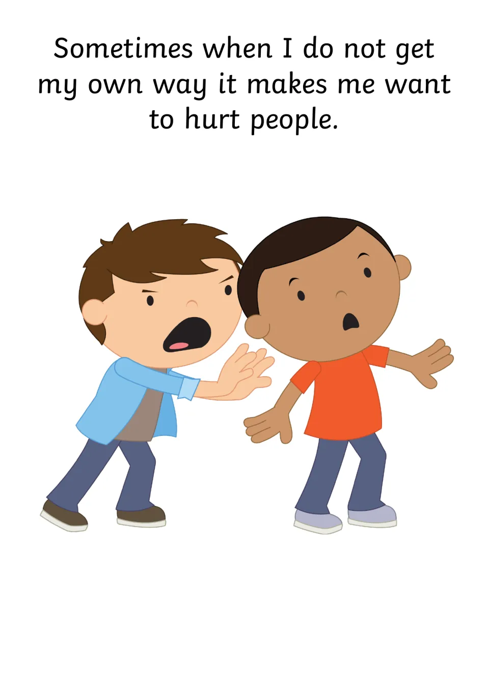 Unsafe urges page: not getting my way can make me want to hurt people, showing an angry boy pushing another child