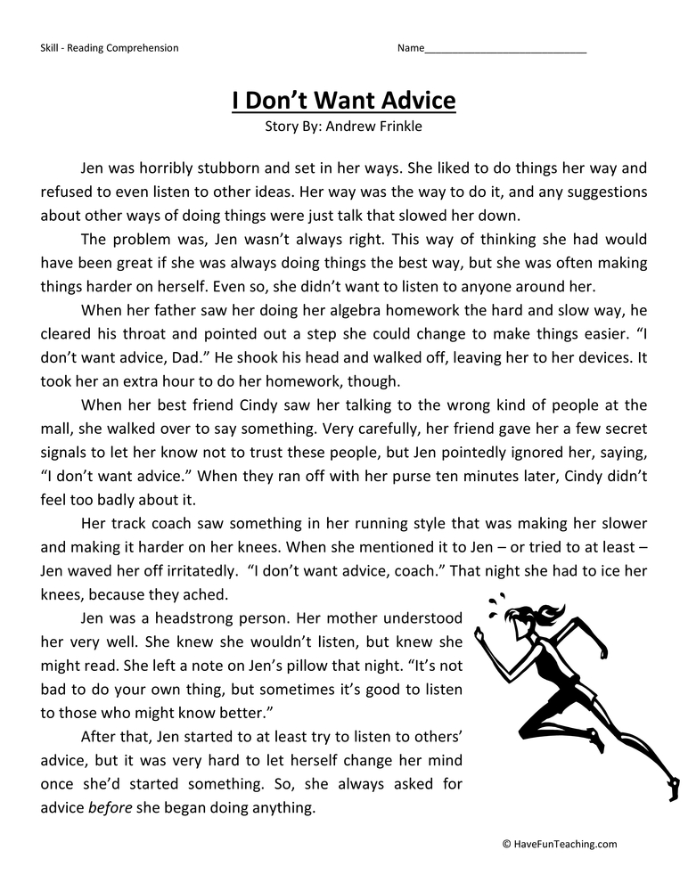 I Don't Want Advice Reading Comprehension Worksheet teaching resource preview