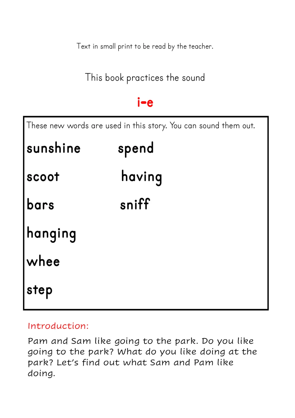 Reader introduction names the i-e sound, lists words including sunshine and scoot, and introduces Pam and Sam