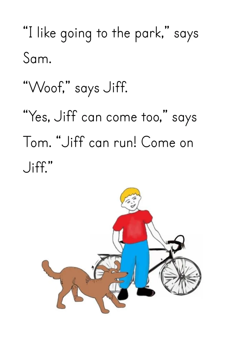 Story page: Sam says he likes going to the park, and Tom lets Jiff come too; a boy, bike and dog are shown