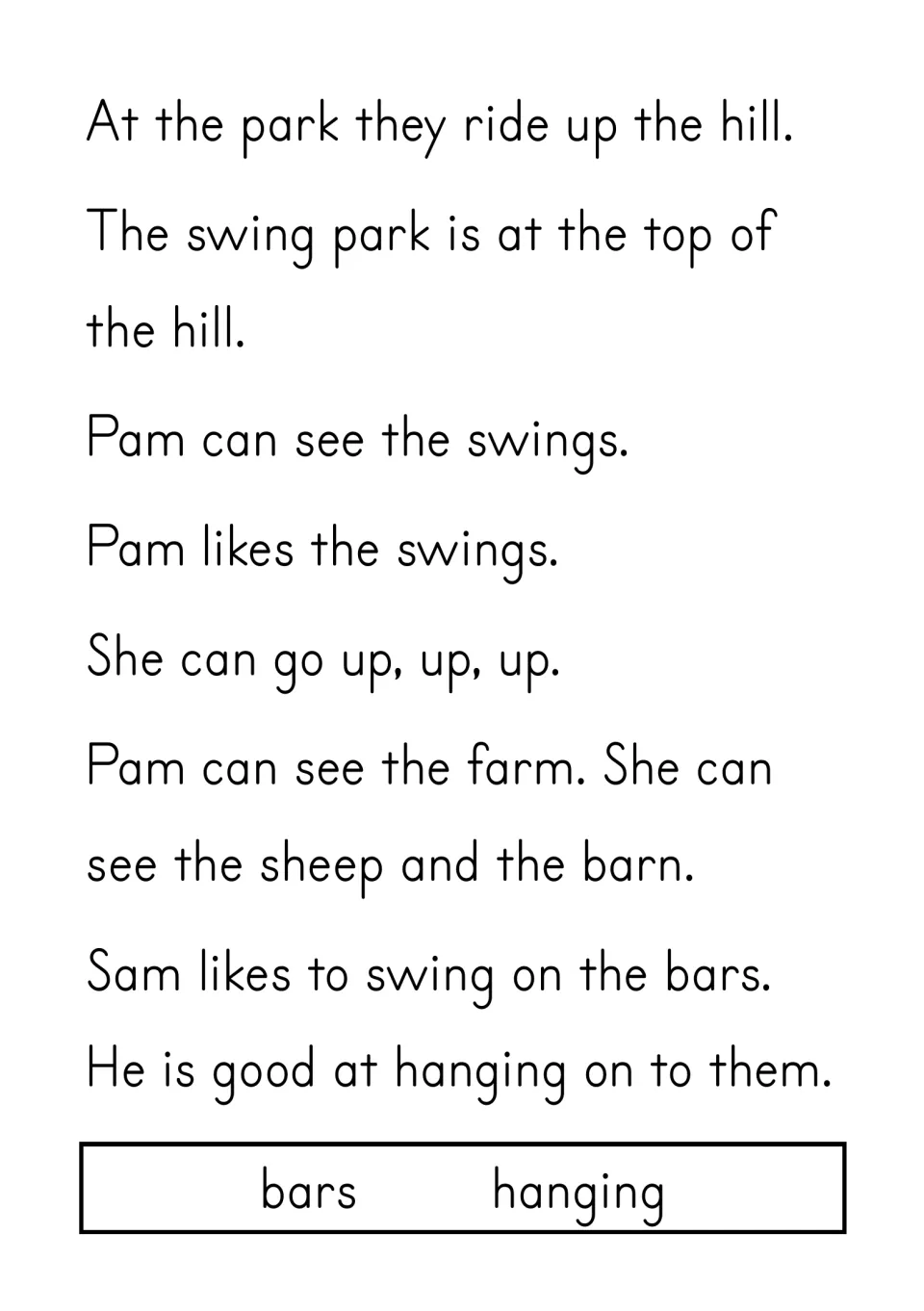 Story page: Pam swings and sees a farm, sheep and barn, while Sam hangs from the bars at the hilltop park