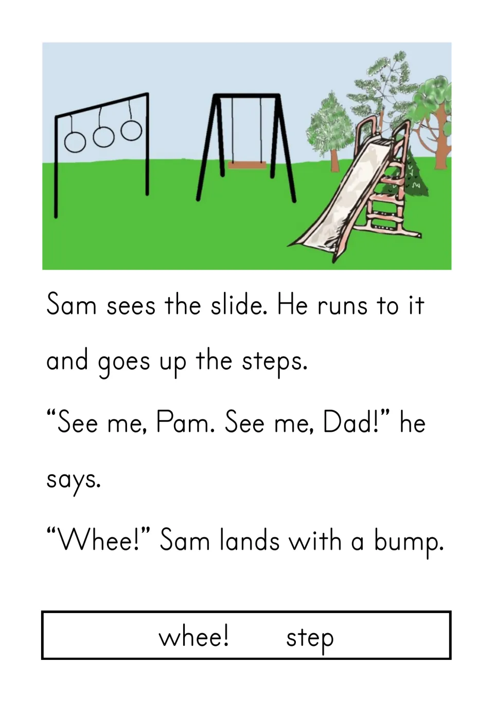 Story page: Sam climbs the slide steps, calls to Pam and Dad, and lands with a bump after shouting Whee