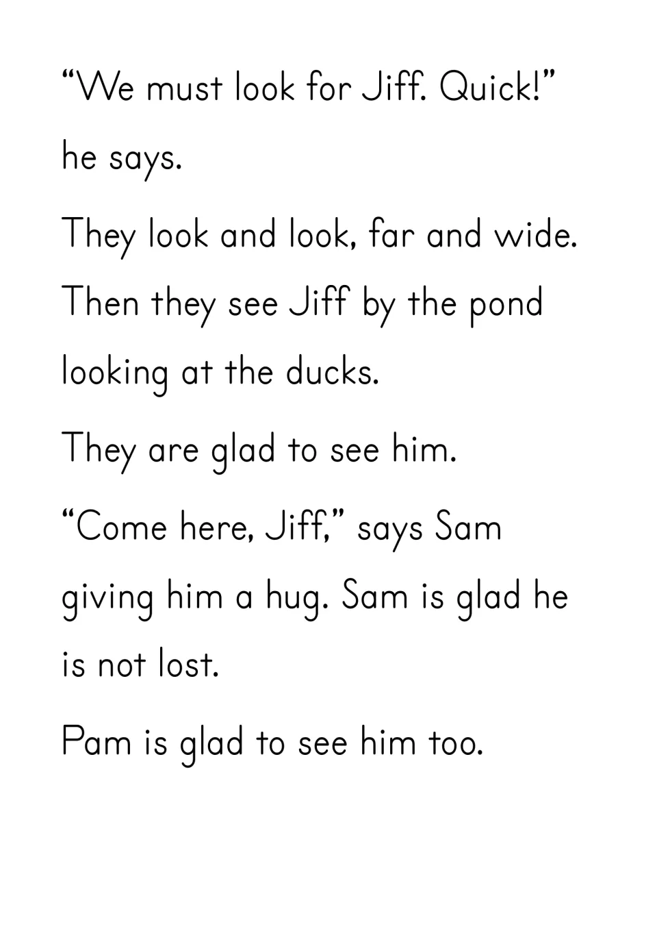 Story page: Tom, Sam and Pam find Jiff by the pond looking at ducks; Sam hugs him, glad that he is not lost