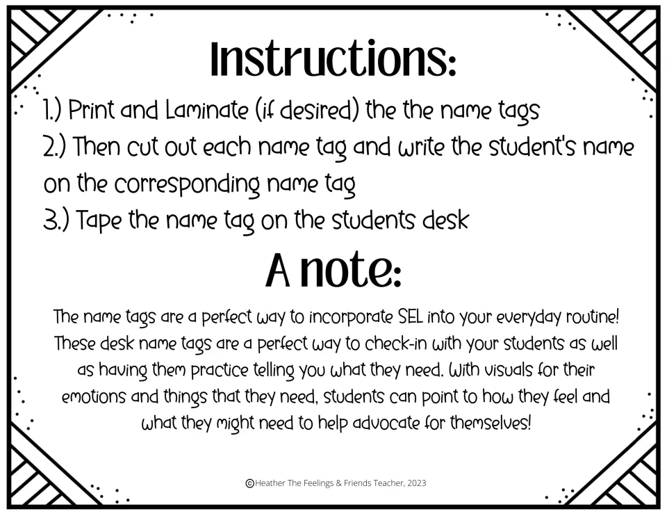 Setup steps for SEL desk name tags: print, laminate, cut out, write each student's name and tape to desks