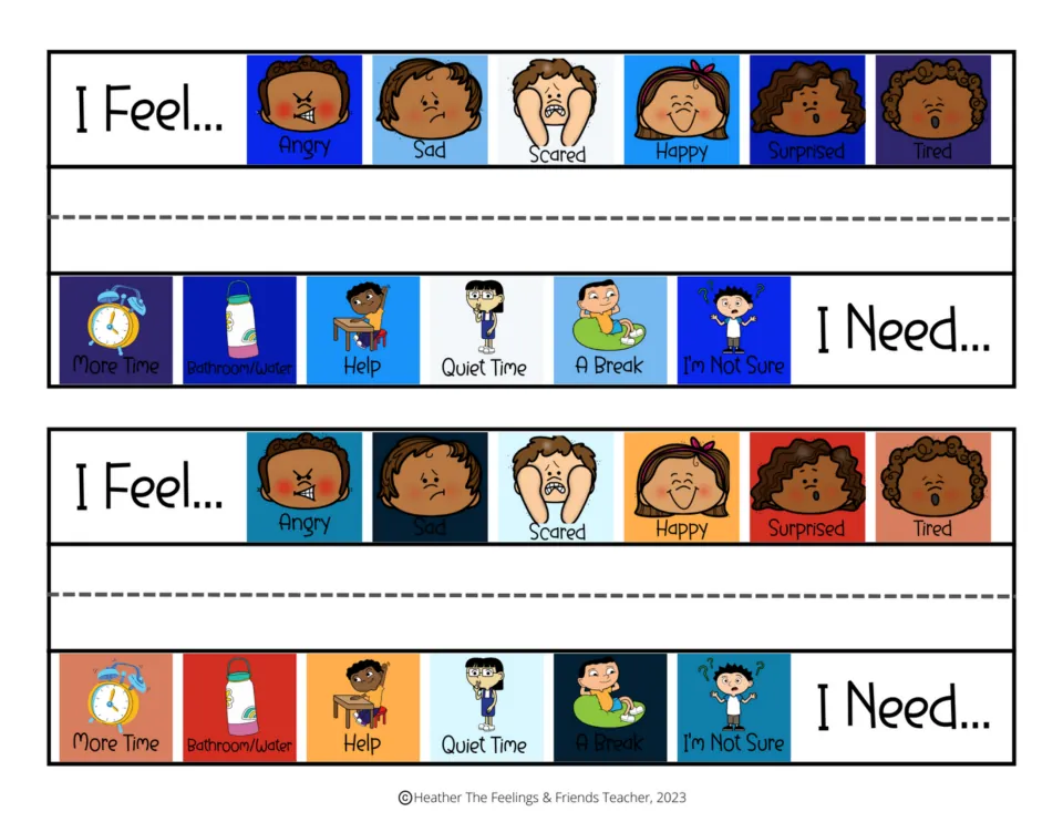 Two desk name tags: students point to I Feel emotion faces like angry or happy and I Need icons such as help or a break