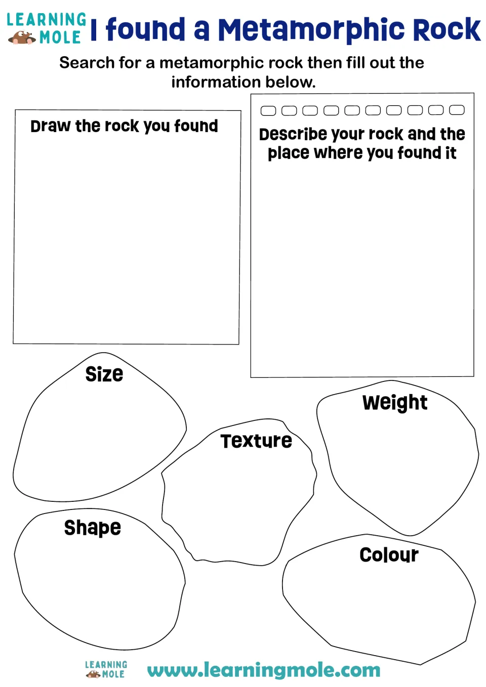 Metamorphic rock hunt: students draw their rock, describe its location, record size, weight, texture, shape and colour