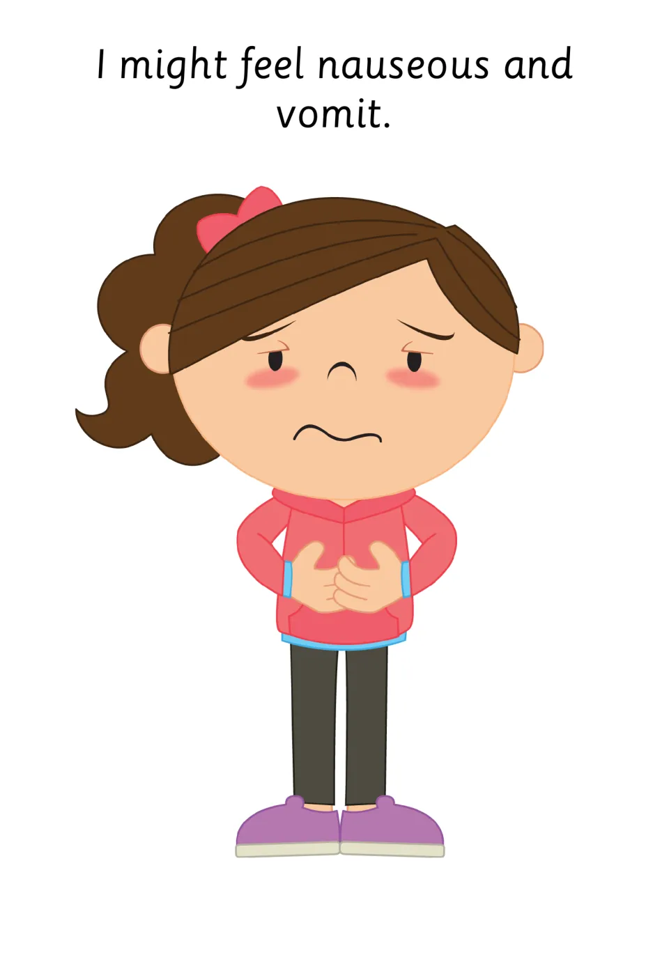 Social story page: I might feel nauseous and vomit, with a queasy girl in a red hoodie clutching her stomach