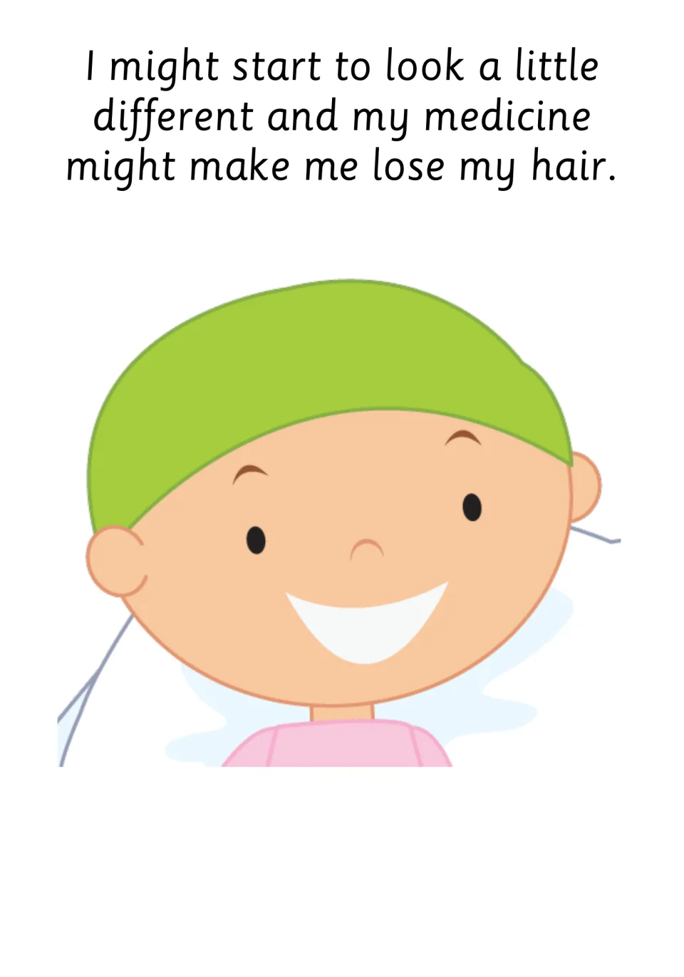 Social story page: medicine might change how I look and make me lose my hair, shown by a smiling child in a head wrap