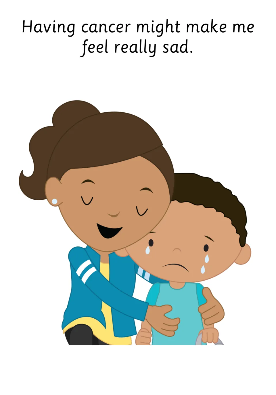 Social story page: having cancer might make me feel really sad, as a woman hugs a crying boy