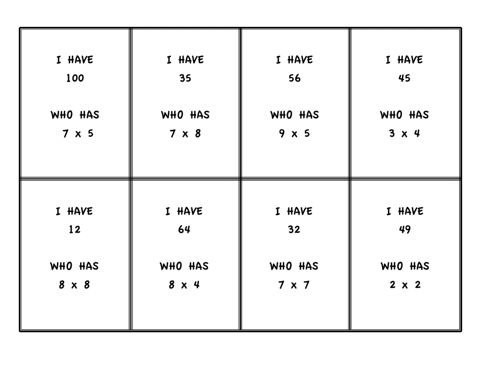 Multiplication game cards 1–8: I Have 100, 35, 56, 45, 12, 64, 32 and 49, each with a Who Has problem.