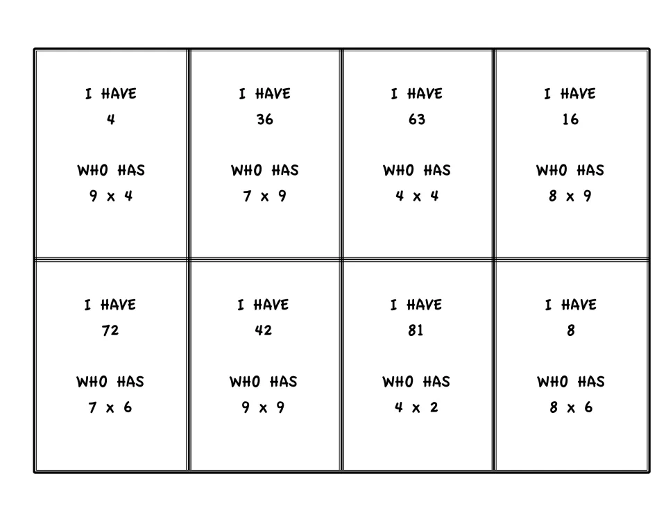 Multiplication game cards 9–16: I Have 4, 36, 63, 16, 72, 42, 81 and 8, each with a Who Has problem.