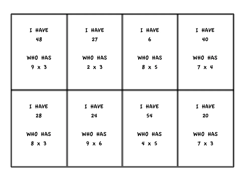 Multiplication game cards 17–24: I Have 48, 27, 6, 40, 28, 24, 54 and 20, each with a Who Has problem.