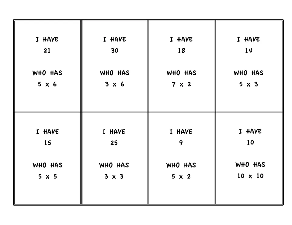 Multiplication game cards 25–32: I Have 21, 30, 18, 14, 15, 25, 9 and 10, each with a Who Has problem.