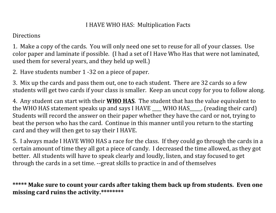 Teacher directions for the 32-card multiplication game: prepare cards, record answers, take turns and time play.