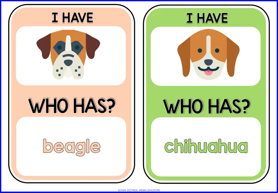 Dog-breed game cards 1–2: boxer and beagle pictures under 'I HAVE'; 'WHO HAS?' prompts beagle and chihuahua