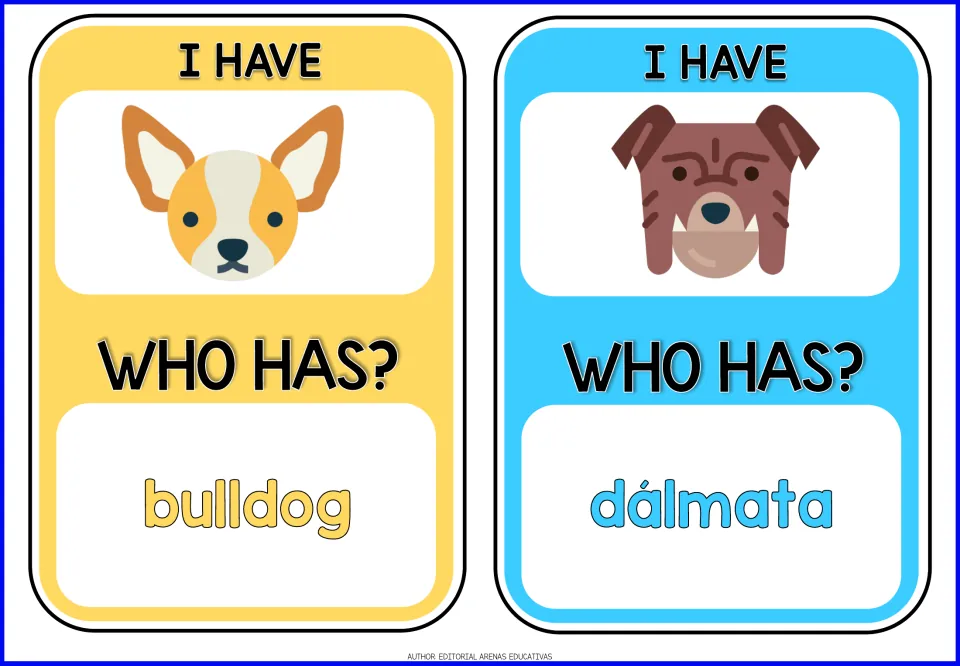 Dog-breed game cards 3–4: chihuahua and bulldog pictures; 'WHO HAS?' prompts bulldog and dálmata (Dalmatian)