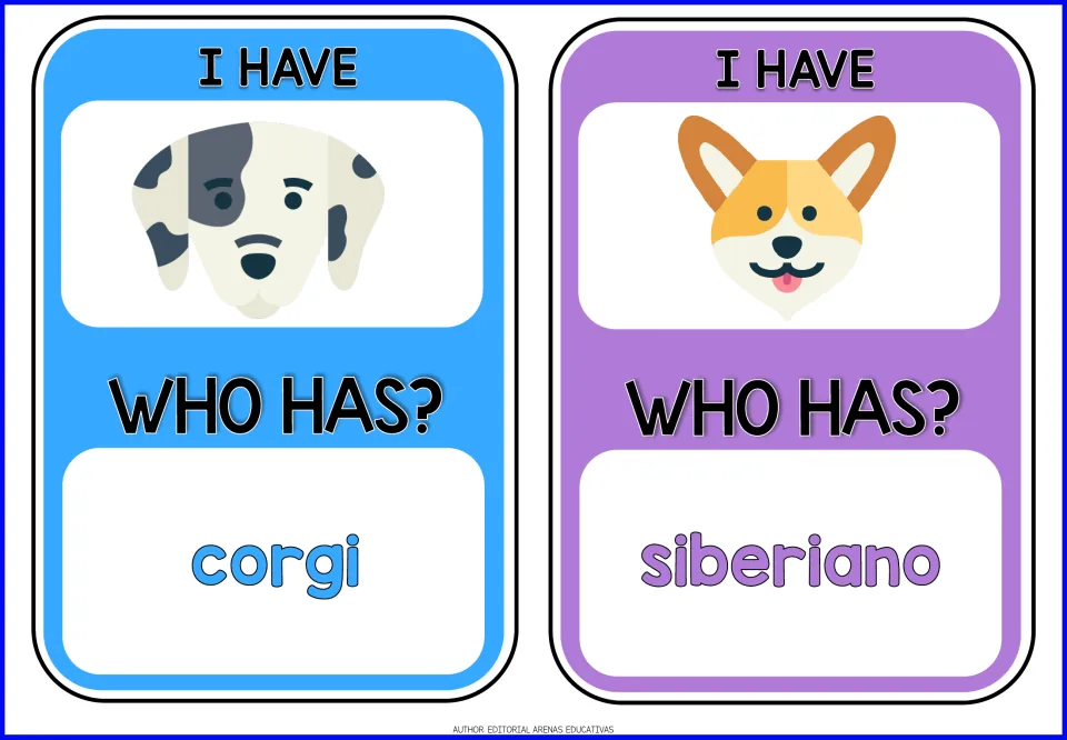 Dog-breed game cards 5–6: Dalmatian and corgi pictures; 'WHO HAS?' prompts corgi and siberiano (Siberian)