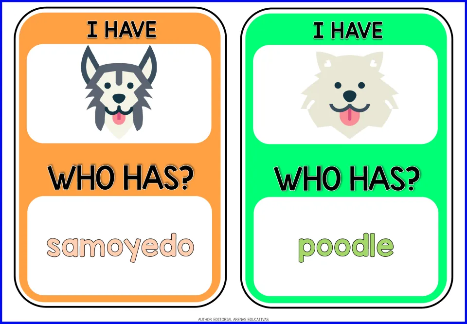 Dog-breed game cards 7–8: husky and Samoyed pictures; 'WHO HAS?' prompts samoyedo (Samoyed) and poodle