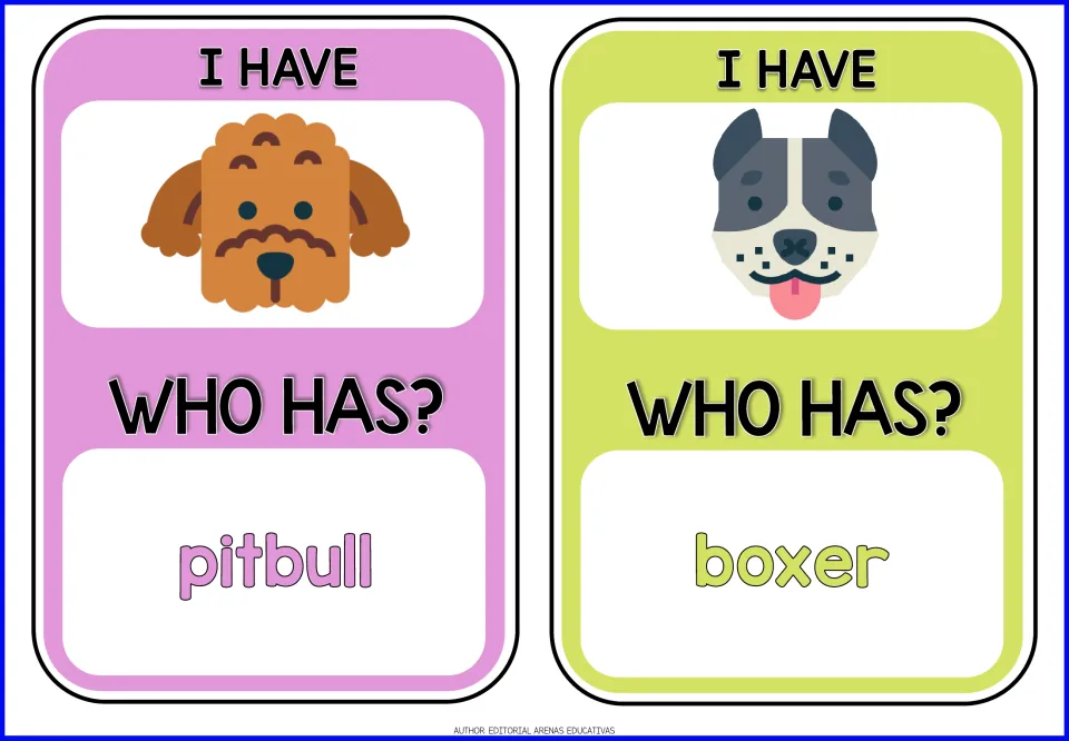 Dog-breed game cards 9–10: poodle and pit bull pictures under 'I HAVE'; 'WHO HAS?' prompts pitbull and boxer