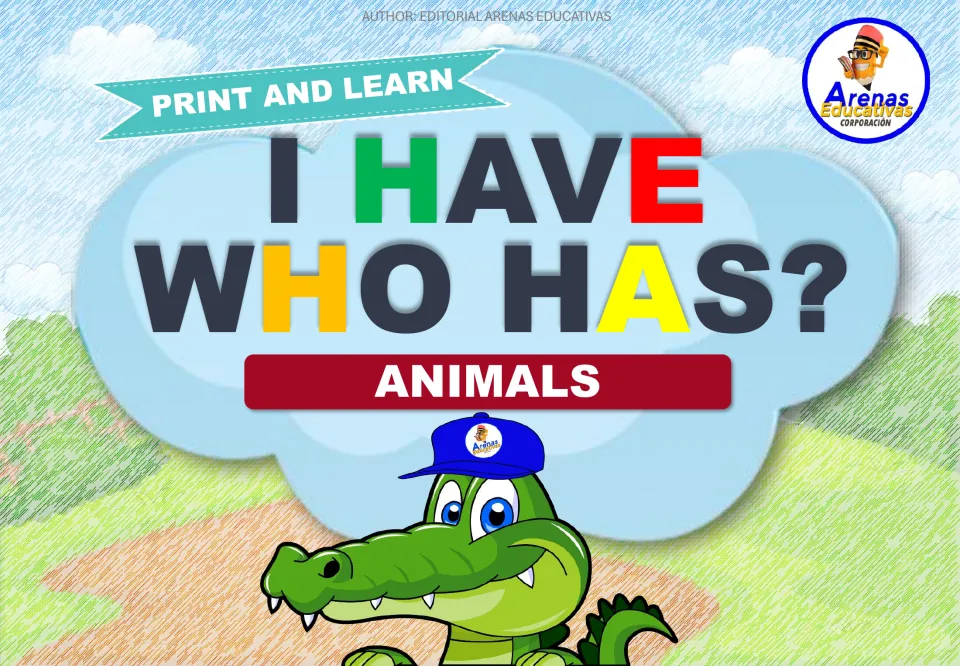 Cover of the Spanish animal vocabulary card game, headed 'I HAVE WHO HAS?' and 'ANIMALS'