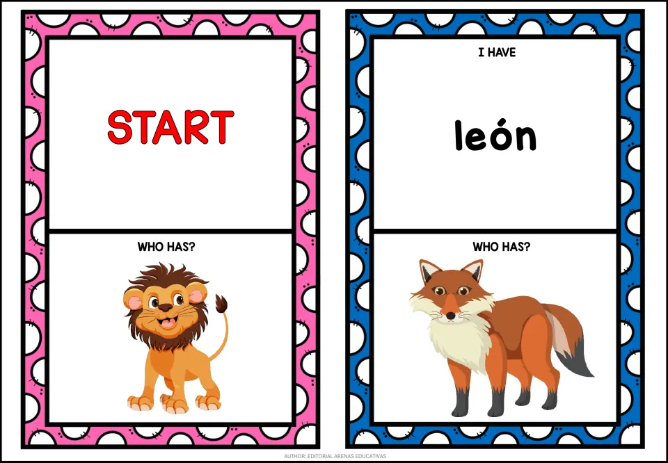 Game cards 1–2: START asks for a lion; 'I HAVE león (lion)' asks 'WHO HAS?' with a fox picture