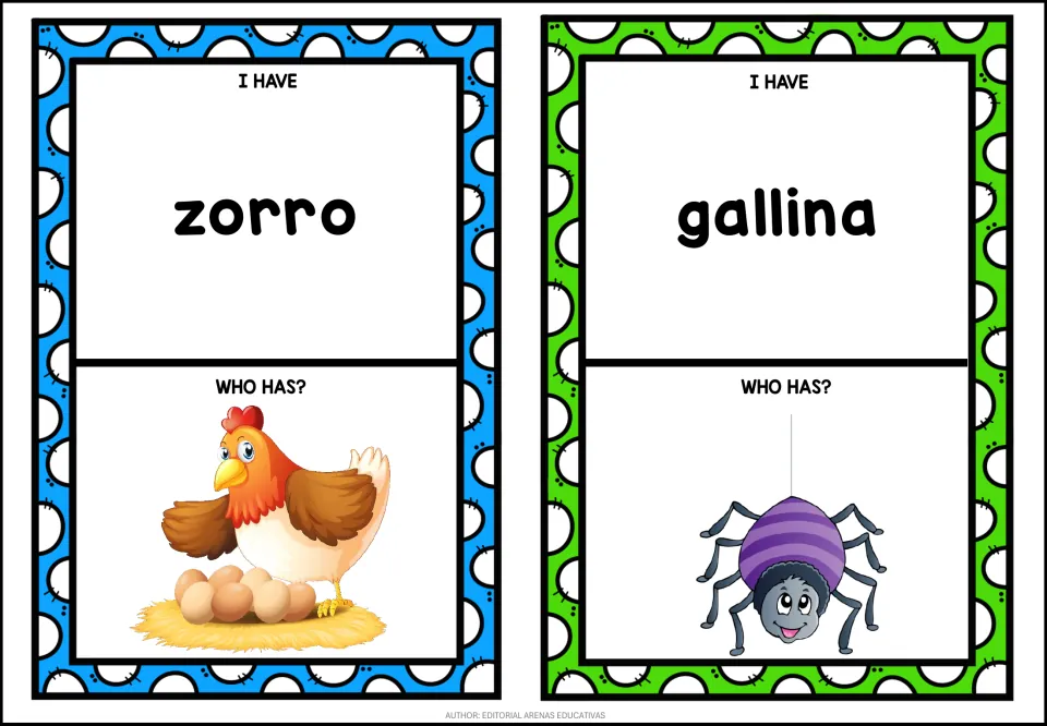 Game cards 3–4: zorro (fox) with a hen picture prompt, and gallina (hen) with a spider picture prompt