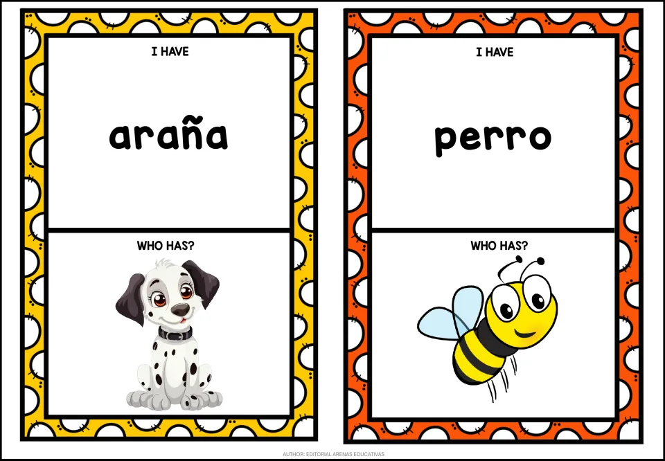 Game cards 5–6: araña (spider) with a dog picture prompt, and perro (dog) with a bee picture prompt