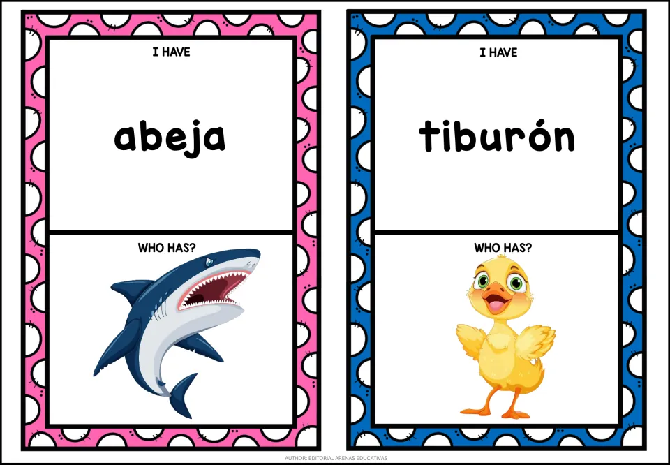 Game cards 7–8: abeja (bee) with a shark picture prompt, and tiburón (shark) with a duck picture prompt