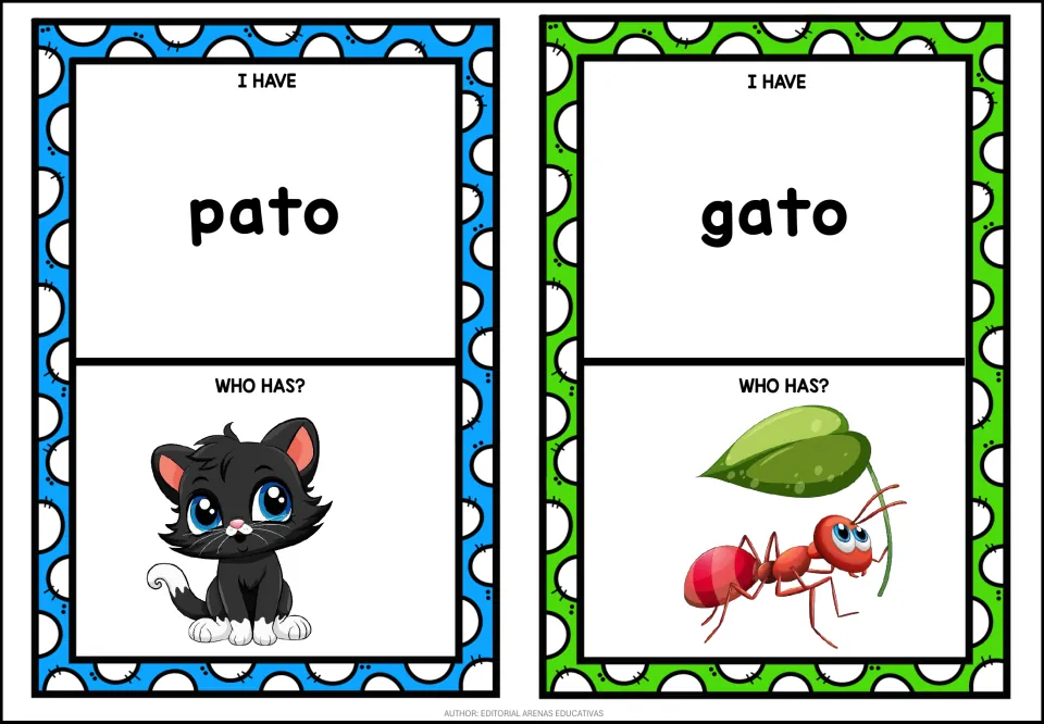 Game cards 9–10: pato (duck) with a cat picture prompt, and gato (cat) with an ant picture prompt