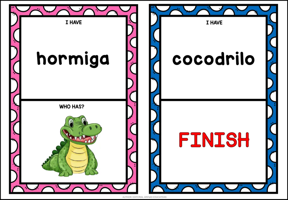Game cards 11–12: hormiga (ant) with a crocodile picture prompt, and cocodrilo (crocodile) with FINISH