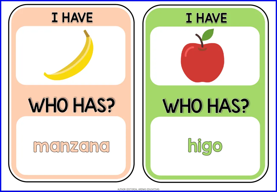 Fruit game cards 1–2: banana and apple pictures; 'Who has?' prompts name manzana (apple) and higo (fig).