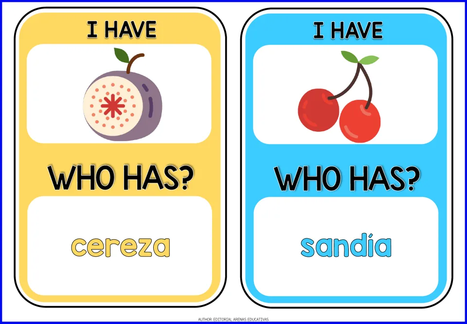 Fruit game cards 3–4: fig and cherry pictures; 'Who has?' prompts name cereza (cherry) and sandia (watermelon).