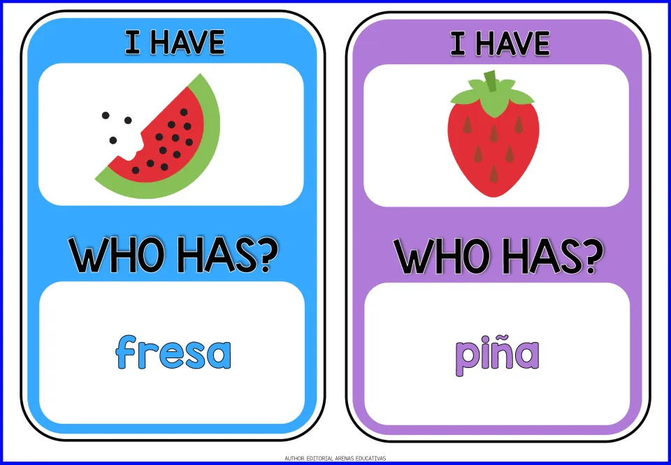 Fruit game cards 5–6: watermelon and strawberry pictures; prompts name fresa (strawberry) and piña (pineapple).