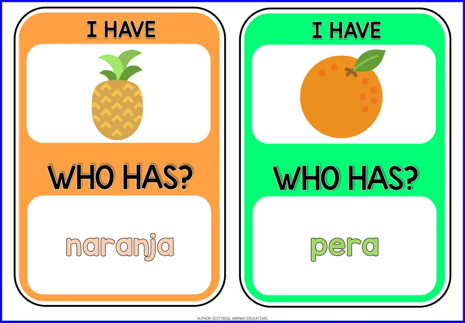Fruit game cards 7–8: pineapple and orange pictures; 'Who has?' prompts name naranja (orange) and pera (pear).
