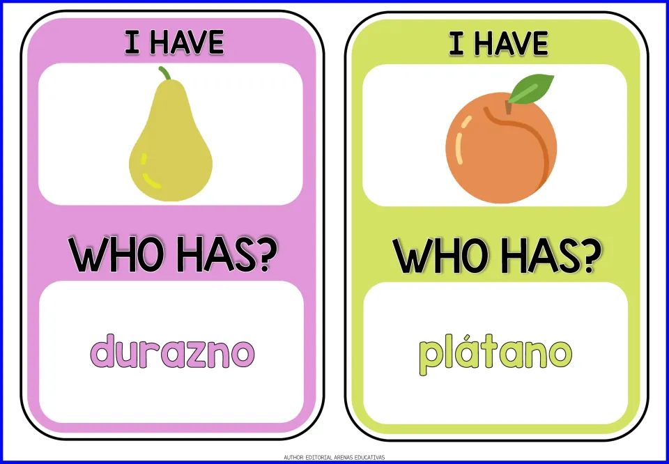 Fruit game cards 9–10: pear and peach pictures; 'Who has?' prompts name durazno (peach) and plátano (banana).