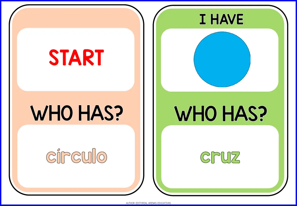 Spanish shapes cards 1–2: Start asks for círculo (circle); the circle card asks for cruz (cross)