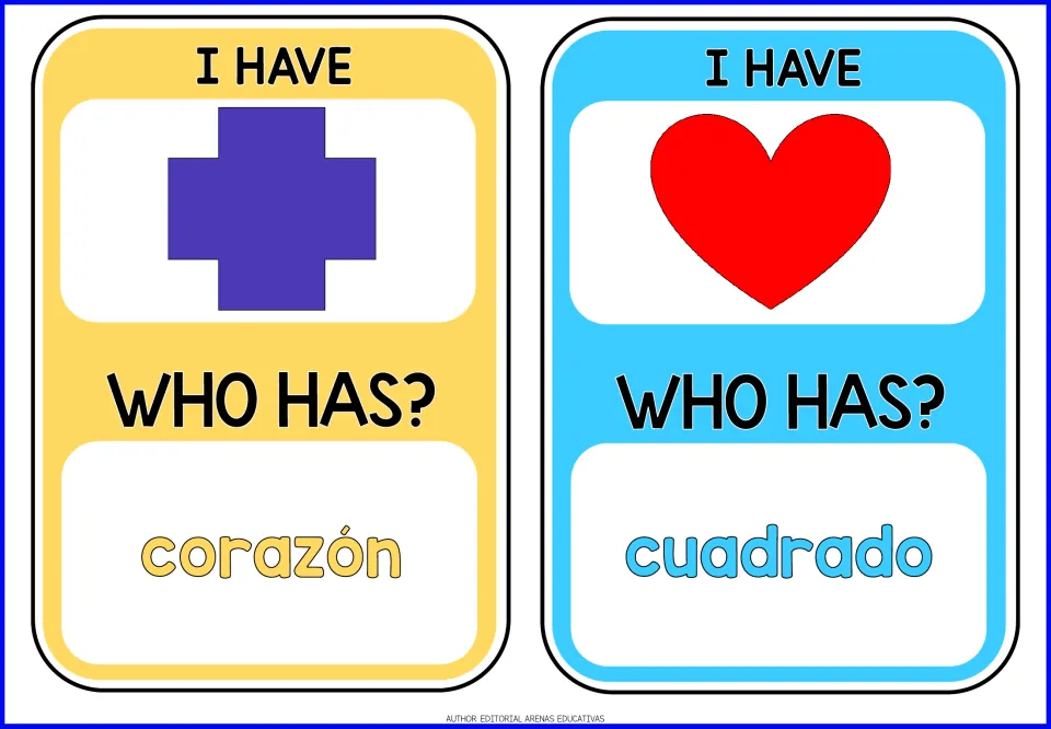 Spanish shapes cards 3–4: the cross asks for corazón (heart); the heart asks for cuadrado (square)