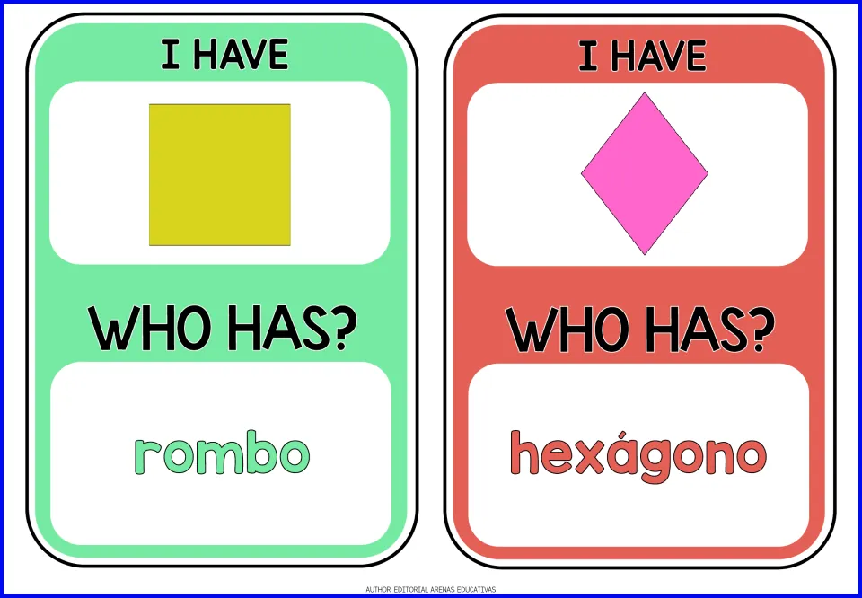 Spanish shapes cards 5–6: the square asks for rombo (rhombus); the rhombus asks for hexágono (hexagon)