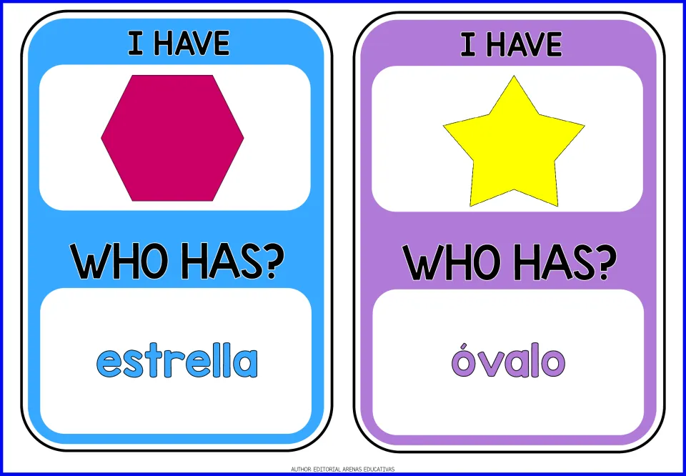 Spanish shapes cards 7–8: the hexagon asks for estrella (star); the star asks for óvalo (oval)
