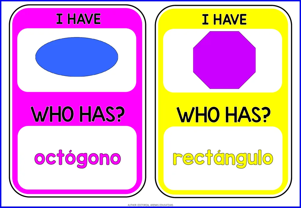 Spanish shapes cards 9–10: the oval asks for octógono (octagon); the octagon asks for rectángulo (rectangle)