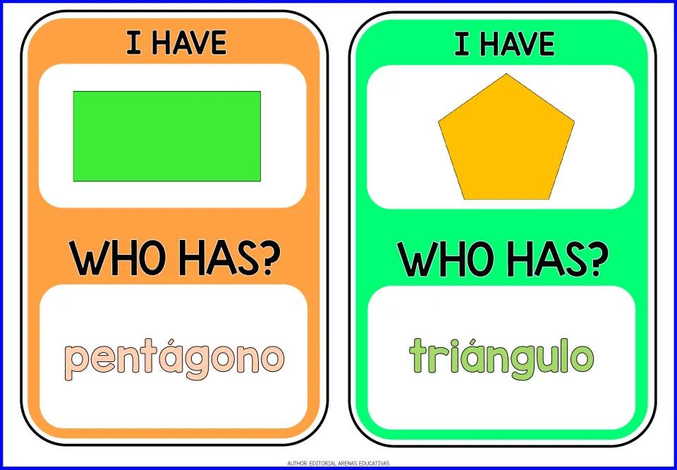 Shapes cards 11–12: rectangle asks for pentágono (pentagon); pentagon asks for triángulo (triangle)